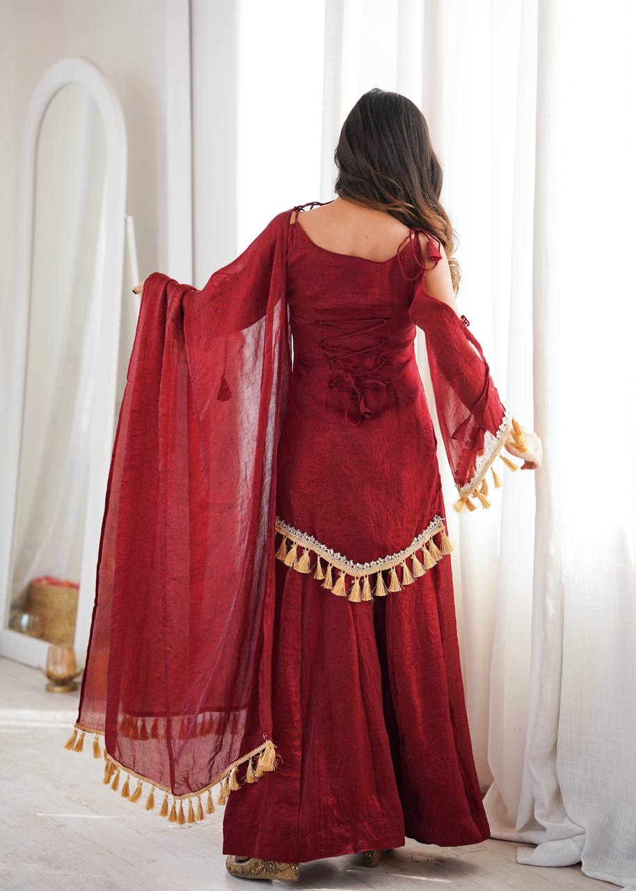 Ruby, Mauve & Olive Tassel Sharara Set
