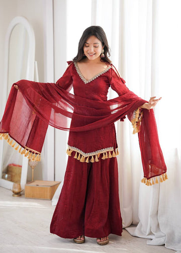 Ruby, Mauve & Olive Tassel Sharara Set