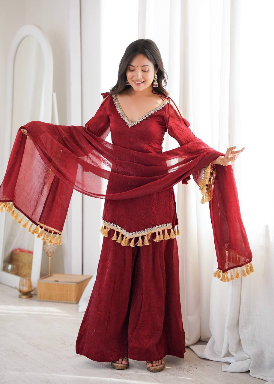 Ruby, Mauve & Olive Tassel Sharara Set