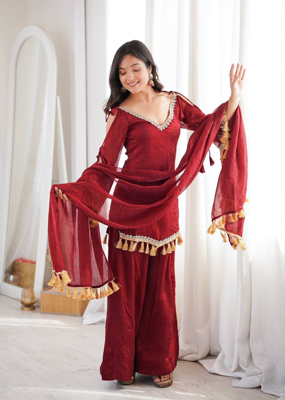 Ruby, Mauve & Olive Tassel Sharara Set