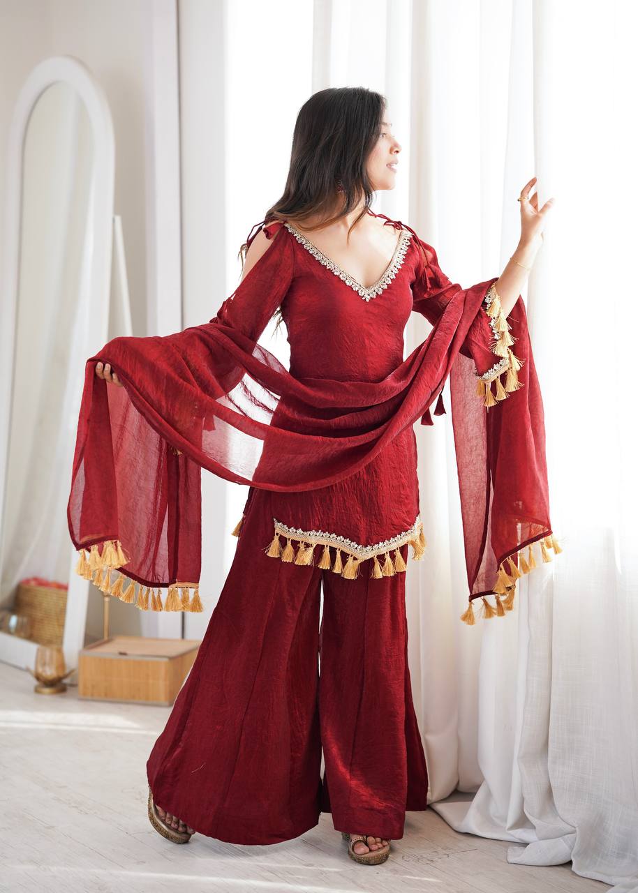 Ruby, Mauve & Olive Tassel Sharara Set
