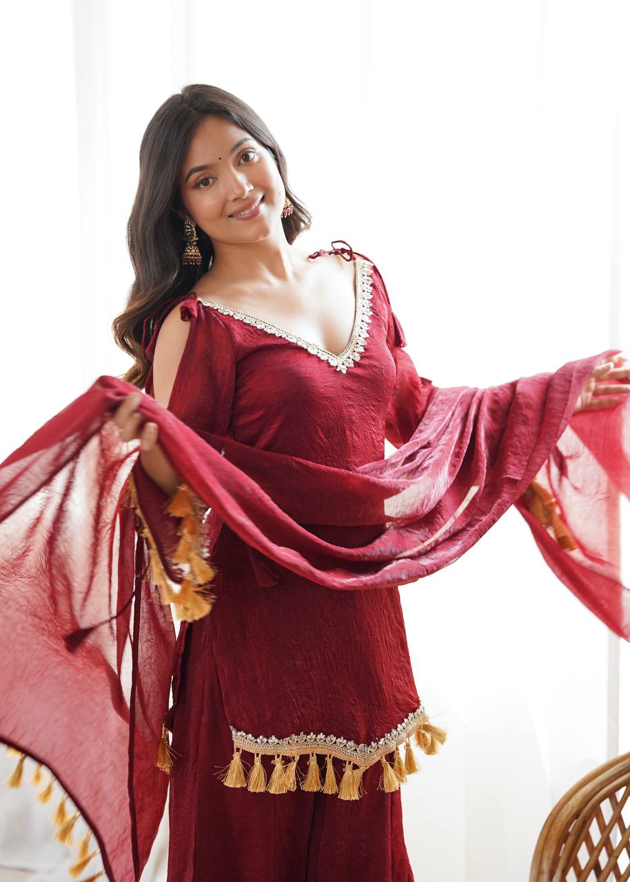 Ruby, Mauve & Olive Tassel Sharara Set
