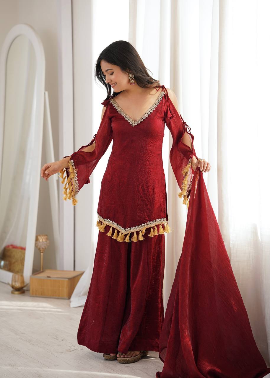 Ruby, Mauve & Olive Tassel Sharara Set