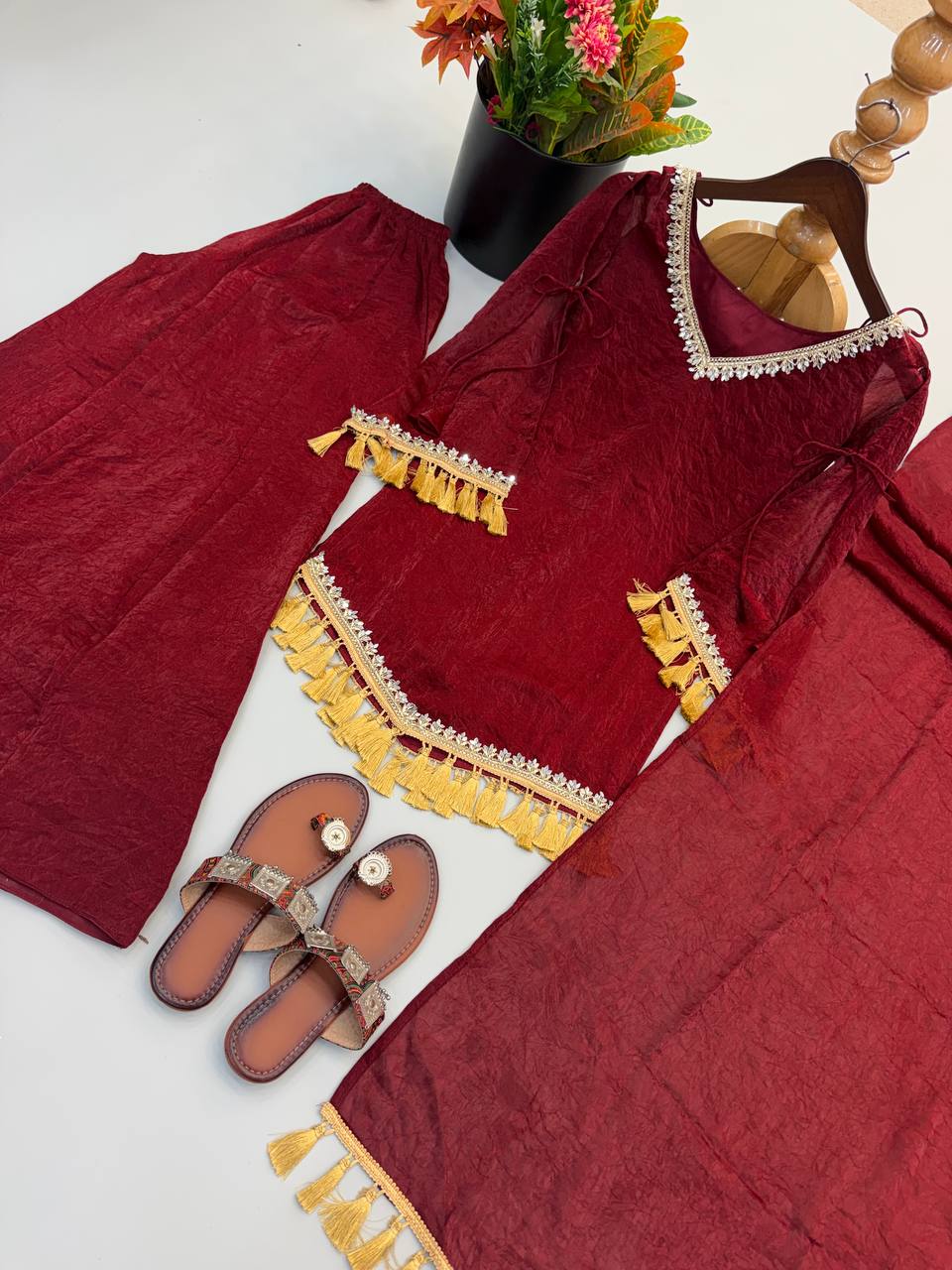 Ruby, Mauve & Olive Tassel Sharara Set