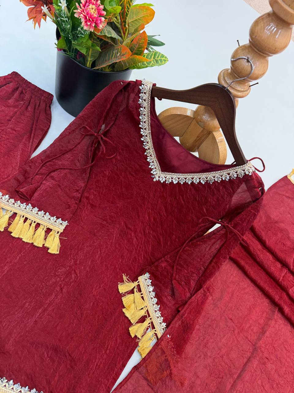 Ruby, Mauve & Olive Tassel Sharara Set