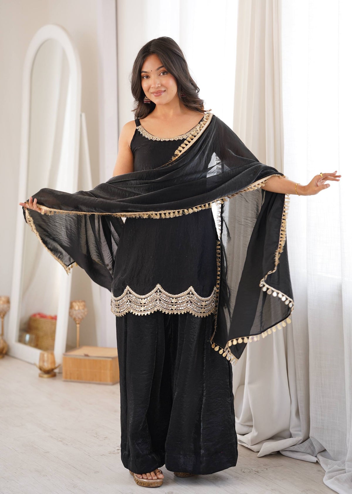 Black Fendy Silk Mirror Sharara Set