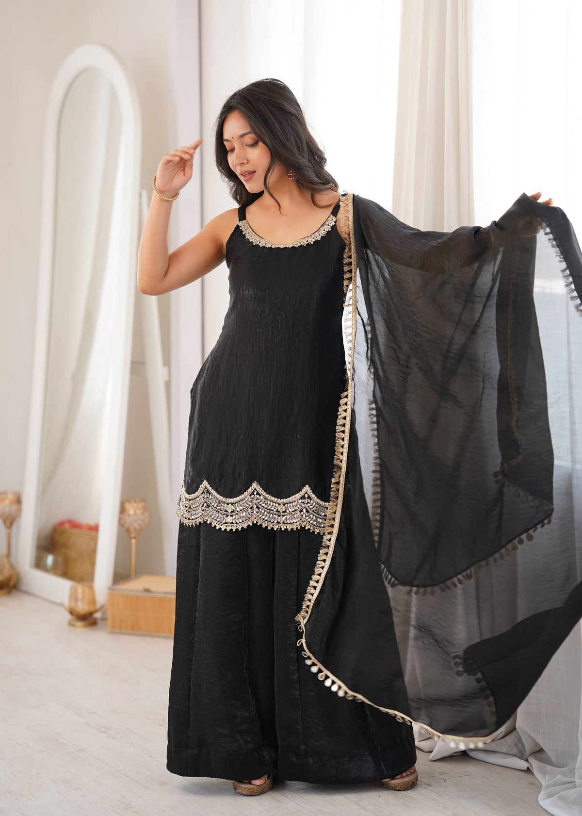 Black Fendy Silk Mirror Sharara Set