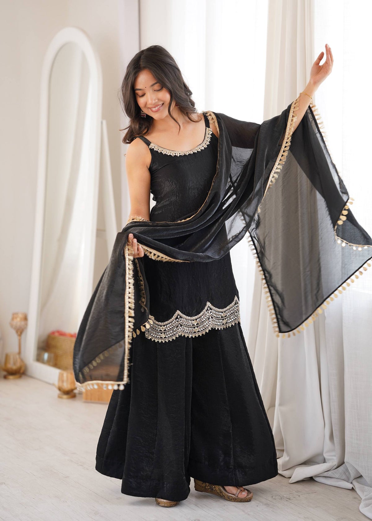 Black Fendy Silk Mirror Sharara Set