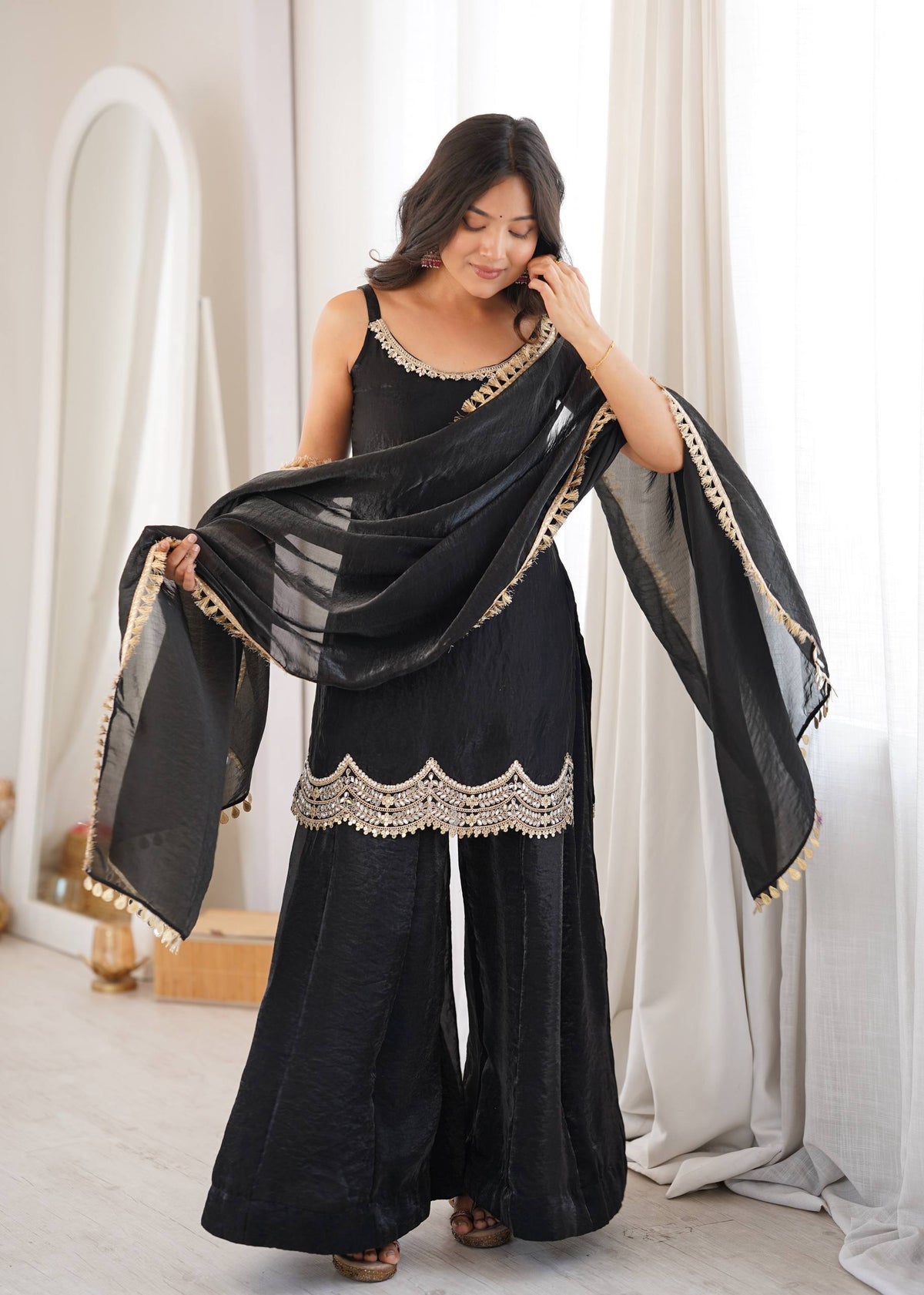 Black Fendy Silk Mirror Sharara Set