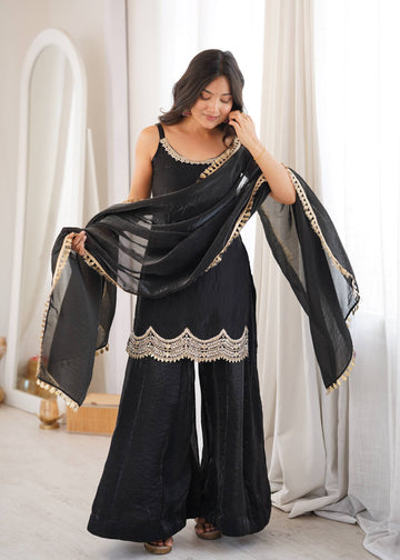Black Fendy Silk Mirror Sharara Set