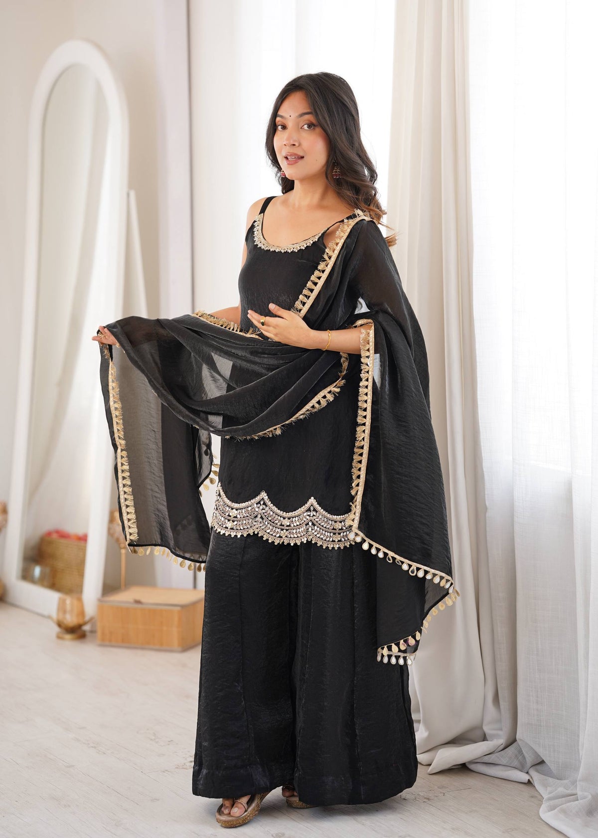 Black Fendy Silk Mirror Sharara Set