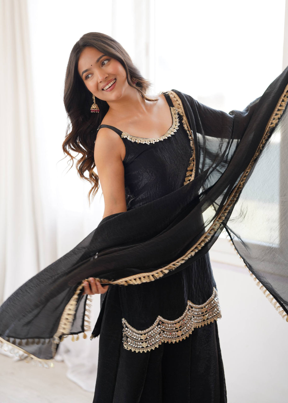 Black Fendy Silk Mirror Sharara Set