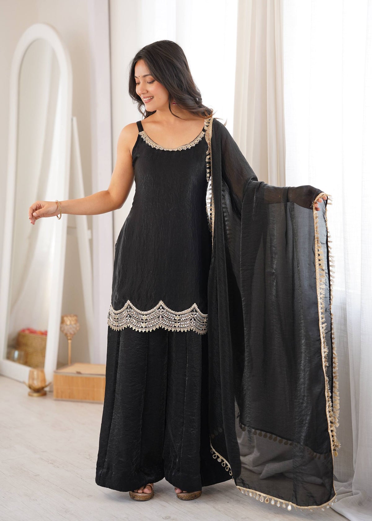 Black Fendy Silk Mirror Sharara Set