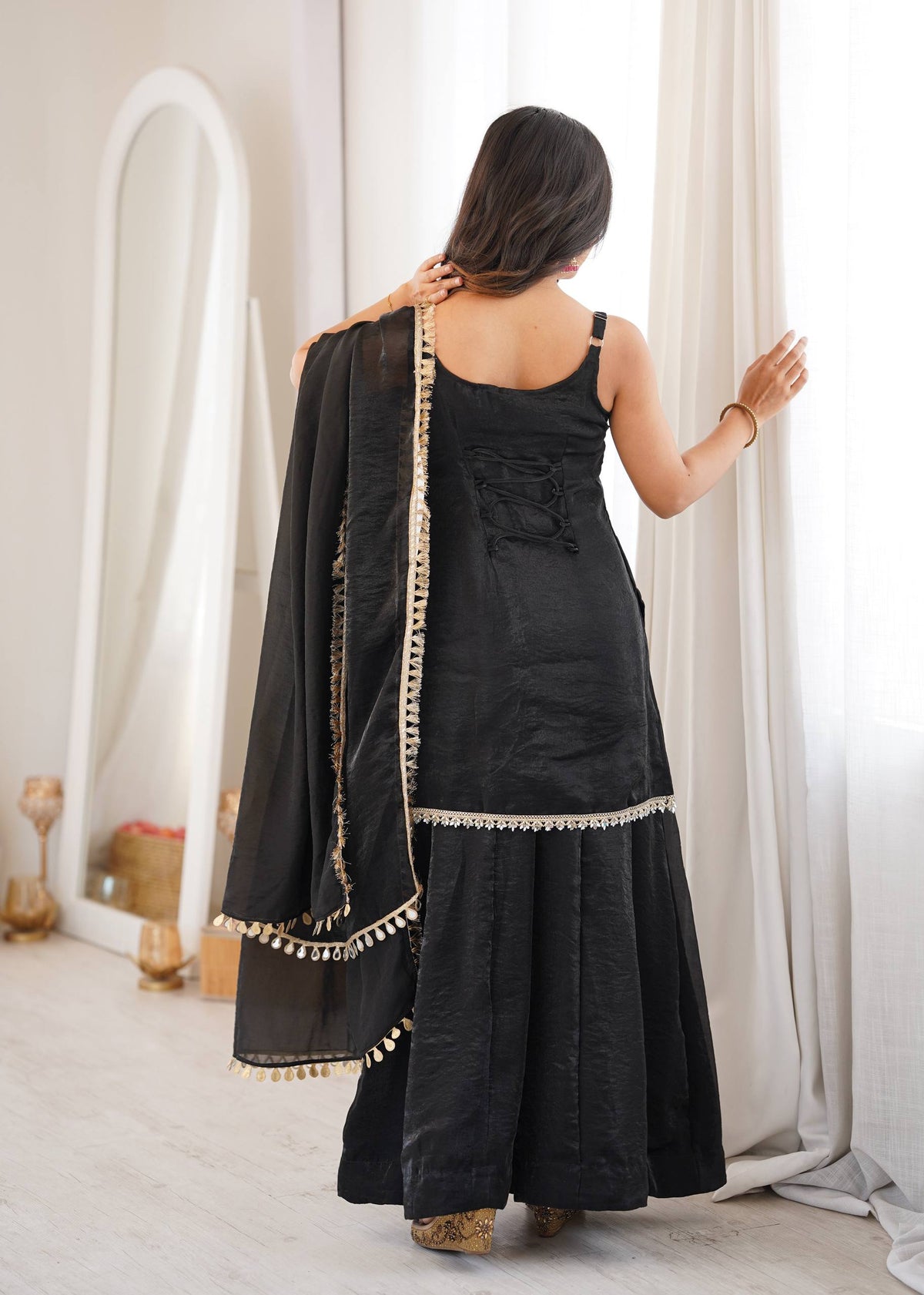 Black Fendy Silk Mirror Sharara Set