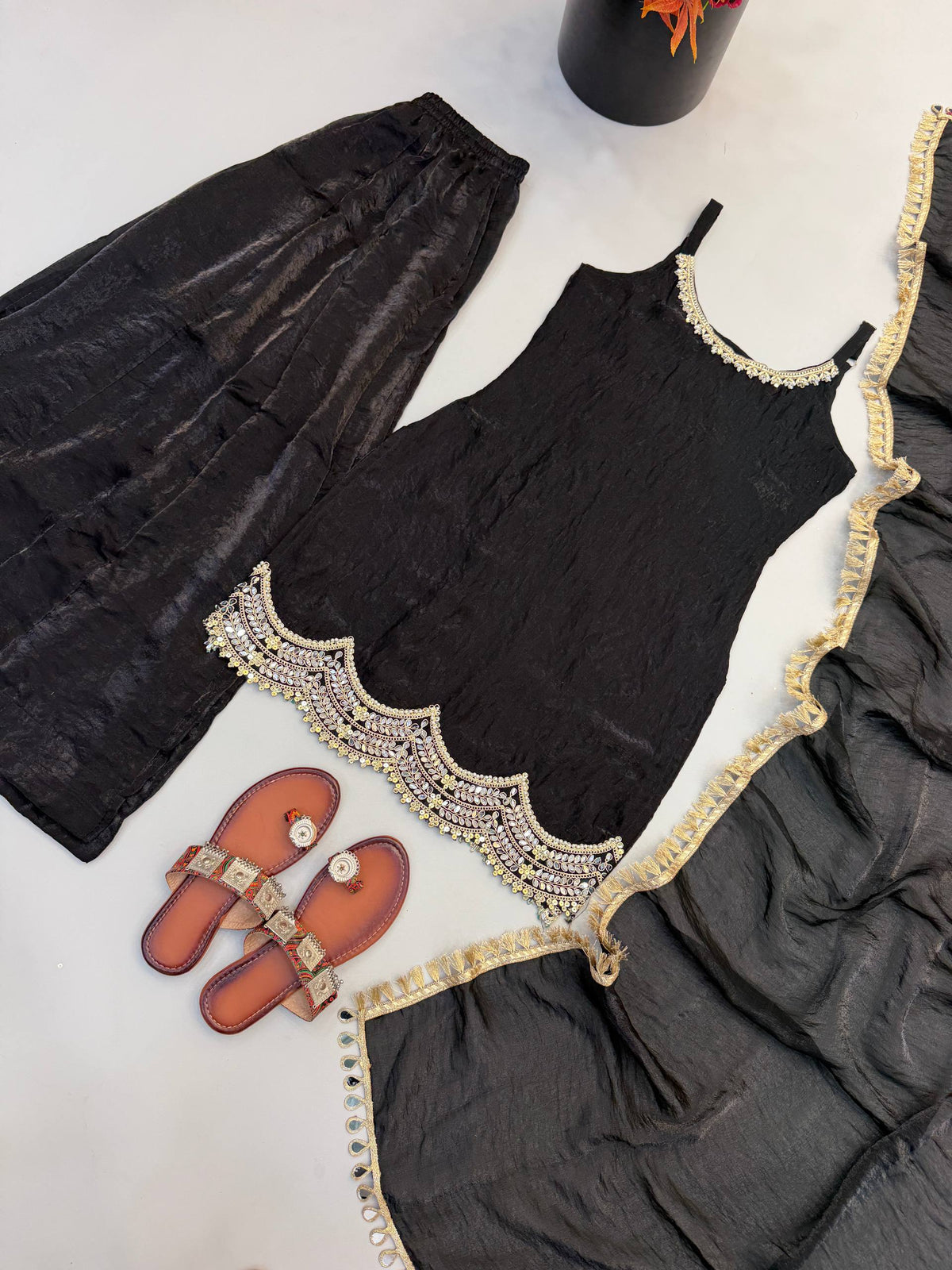 Black Fendy Silk Mirror Sharara Set