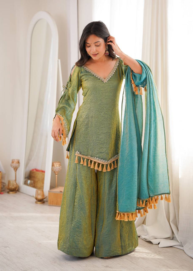 Ruby, Mauve & Olive Tassel Sharara Set