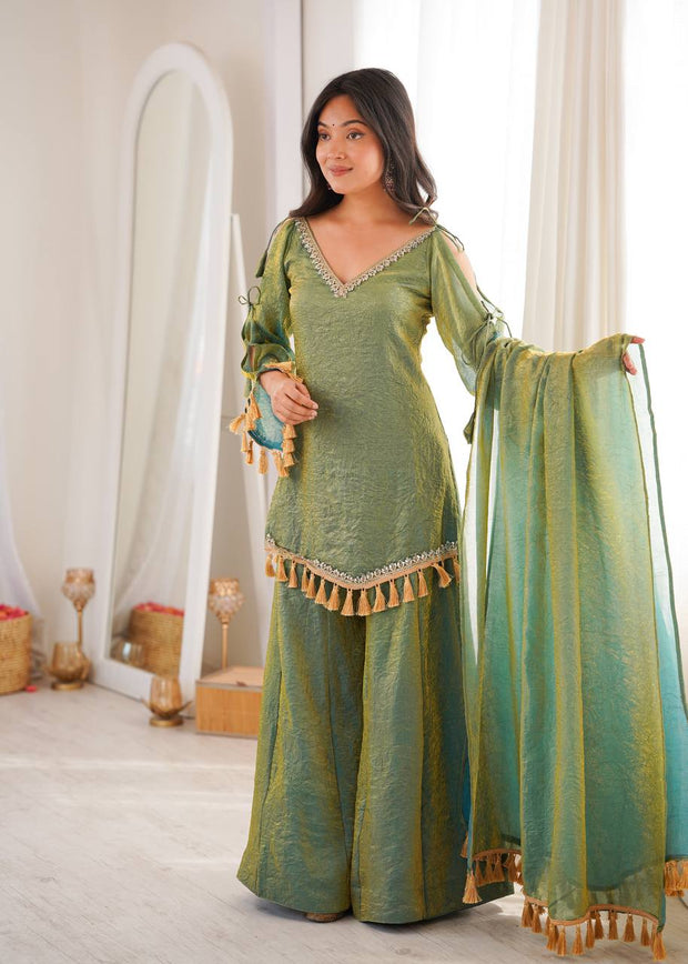 Ruby, Mauve & Olive Tassel Sharara Set