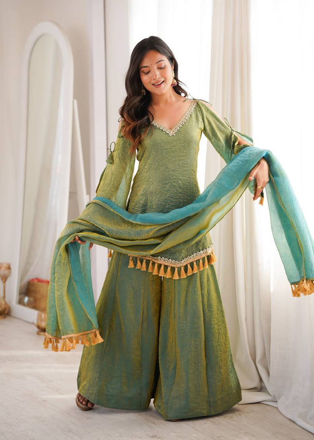 Ruby, Mauve & Olive Tassel Sharara Set