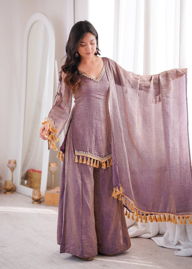 Ruby, Mauve & Olive Tassel Sharara Set