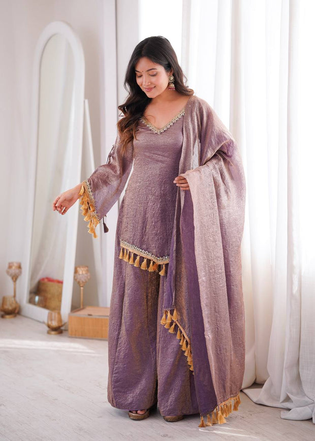 Ruby, Mauve & Olive Tassel Sharara Set