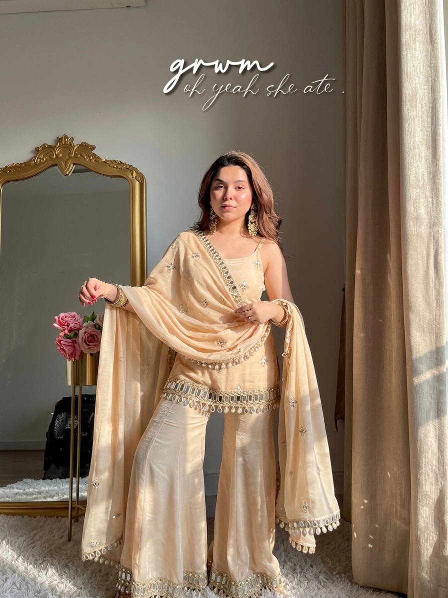 Ivory Fendy Silk Mirror Sharara Set