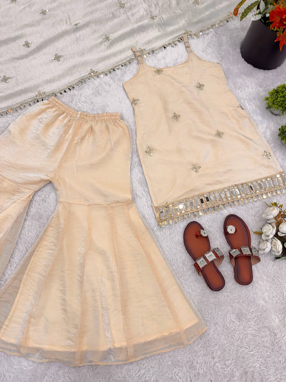 Ivory Fendy Silk Mirror Sharara Set