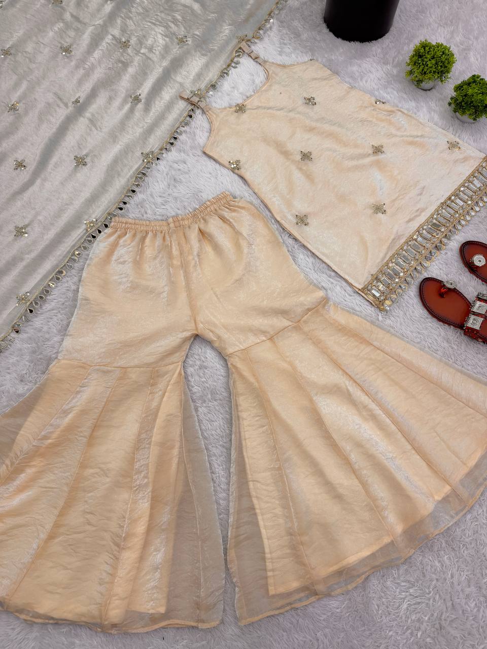 Ivory Fendy Silk Mirror Sharara Set