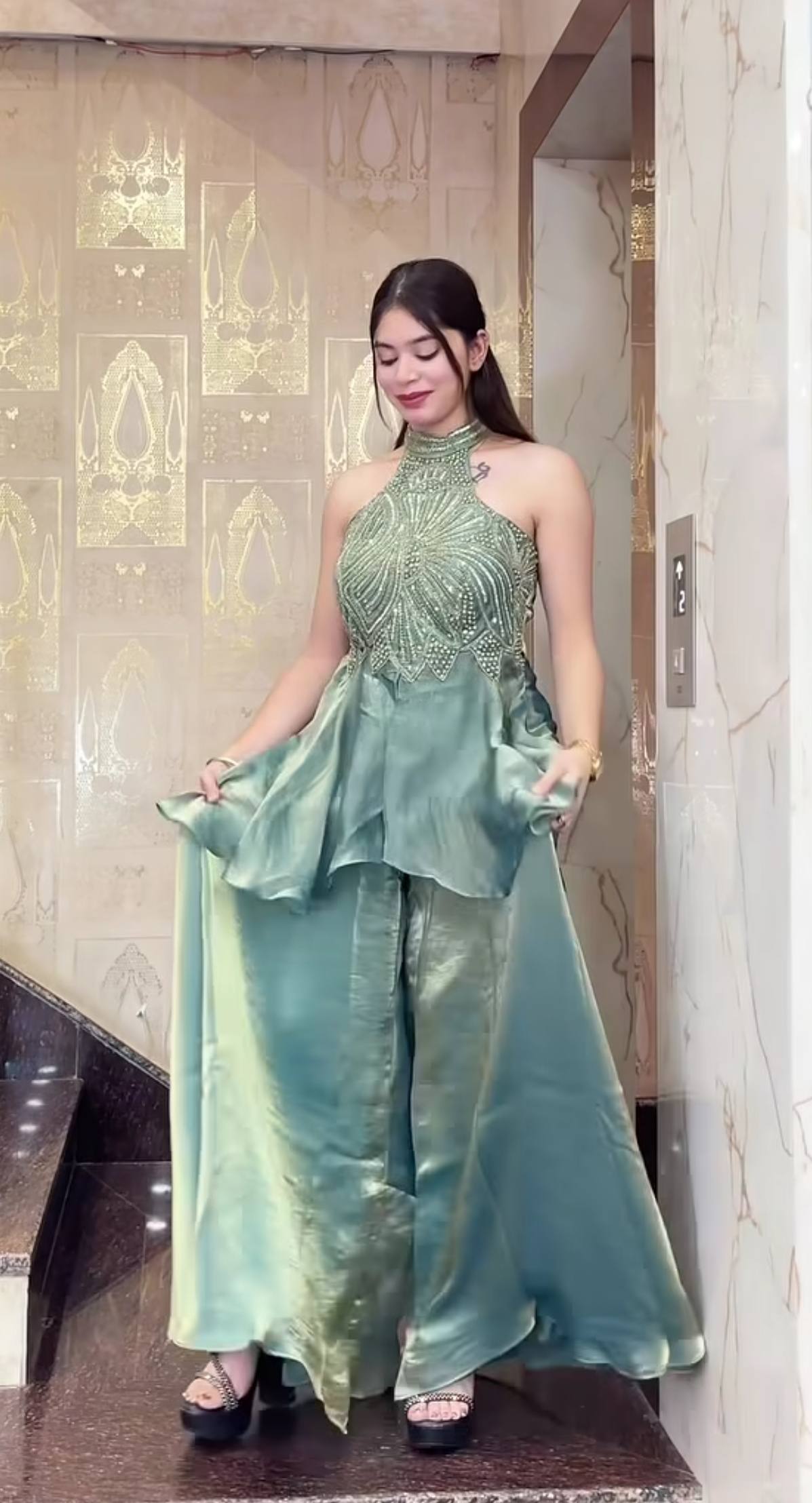 Rose & Teal Sequin Embroidered Sharara Set