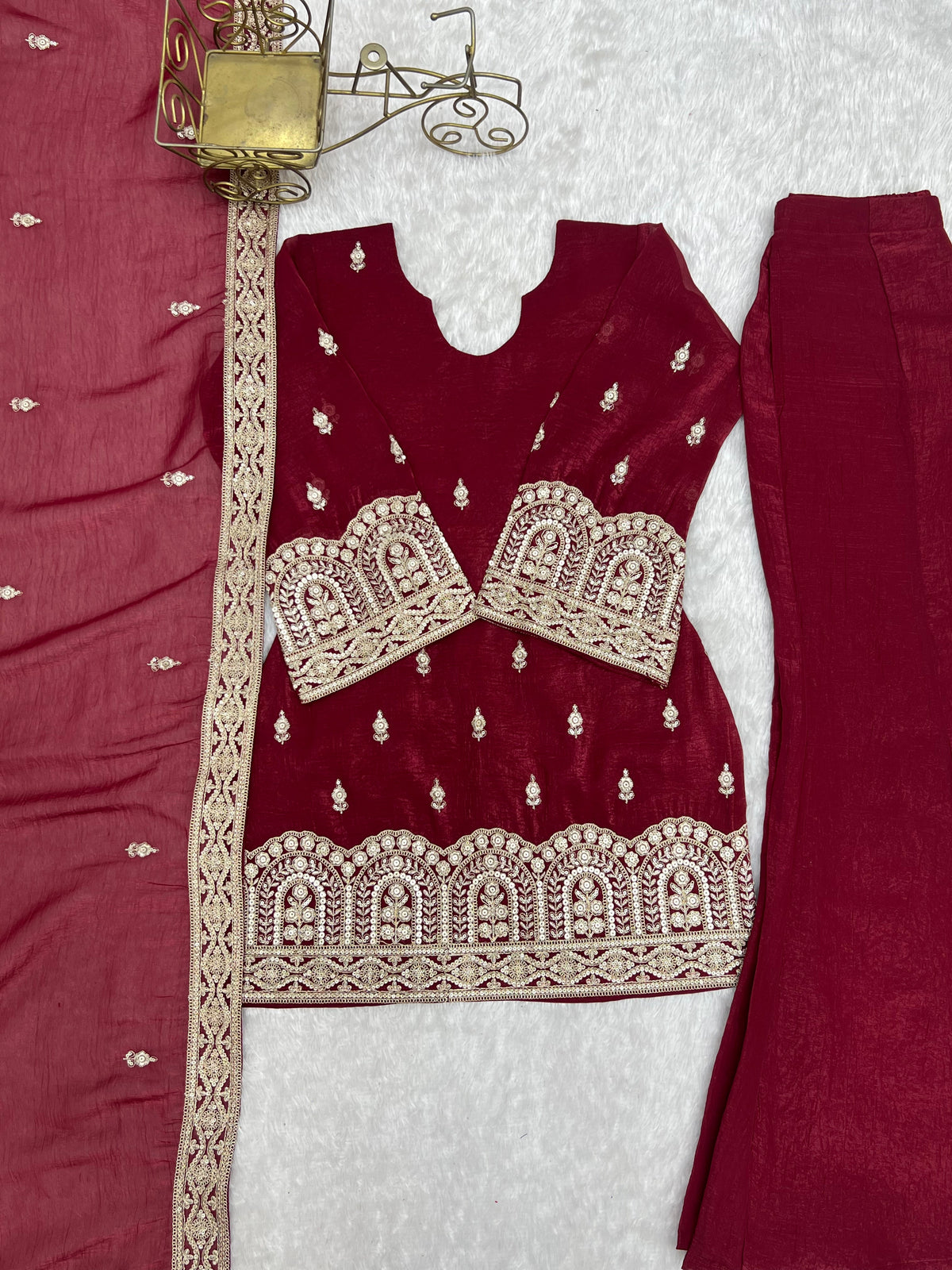 Wine Crunchy Silk Bell Bottom Set