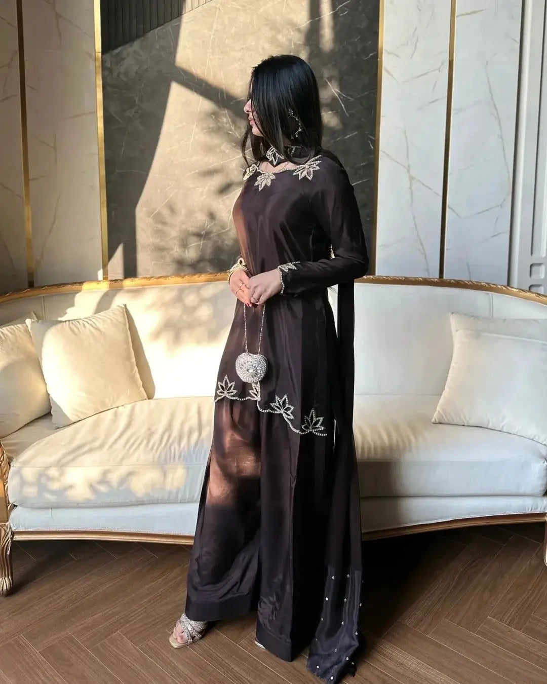 Brown Embroidered Crepe Top with Farshi Salwar Set