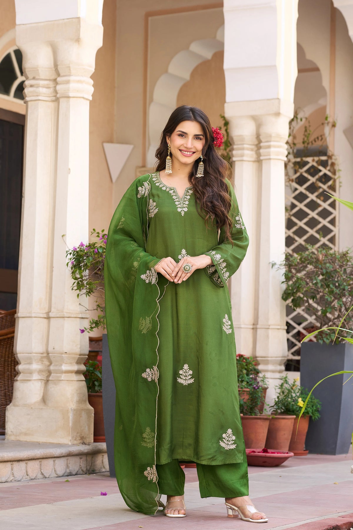 Viscose Chanderi Embroidered Suit Set