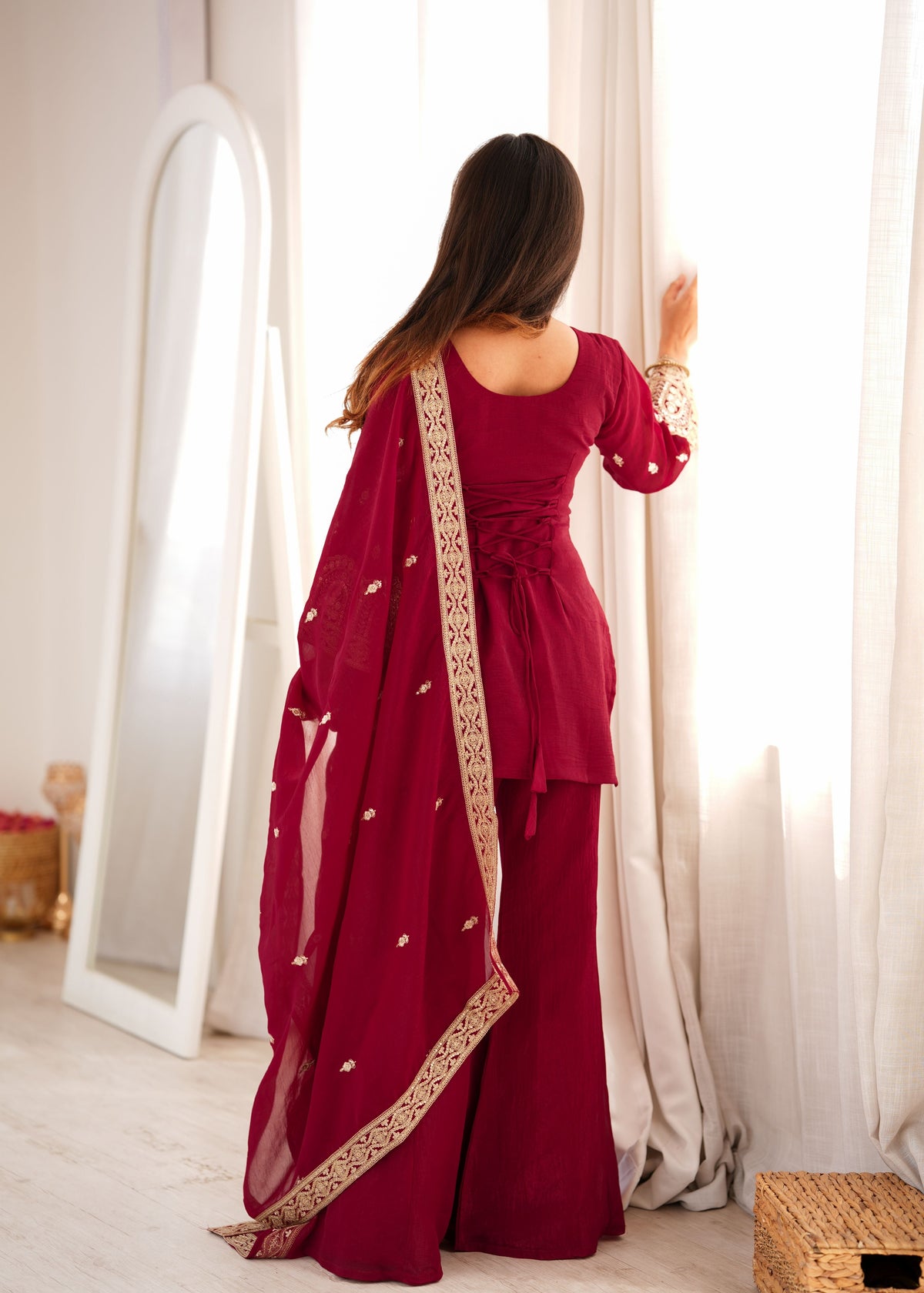 Wine Crunchy Silk Bell Bottom Set