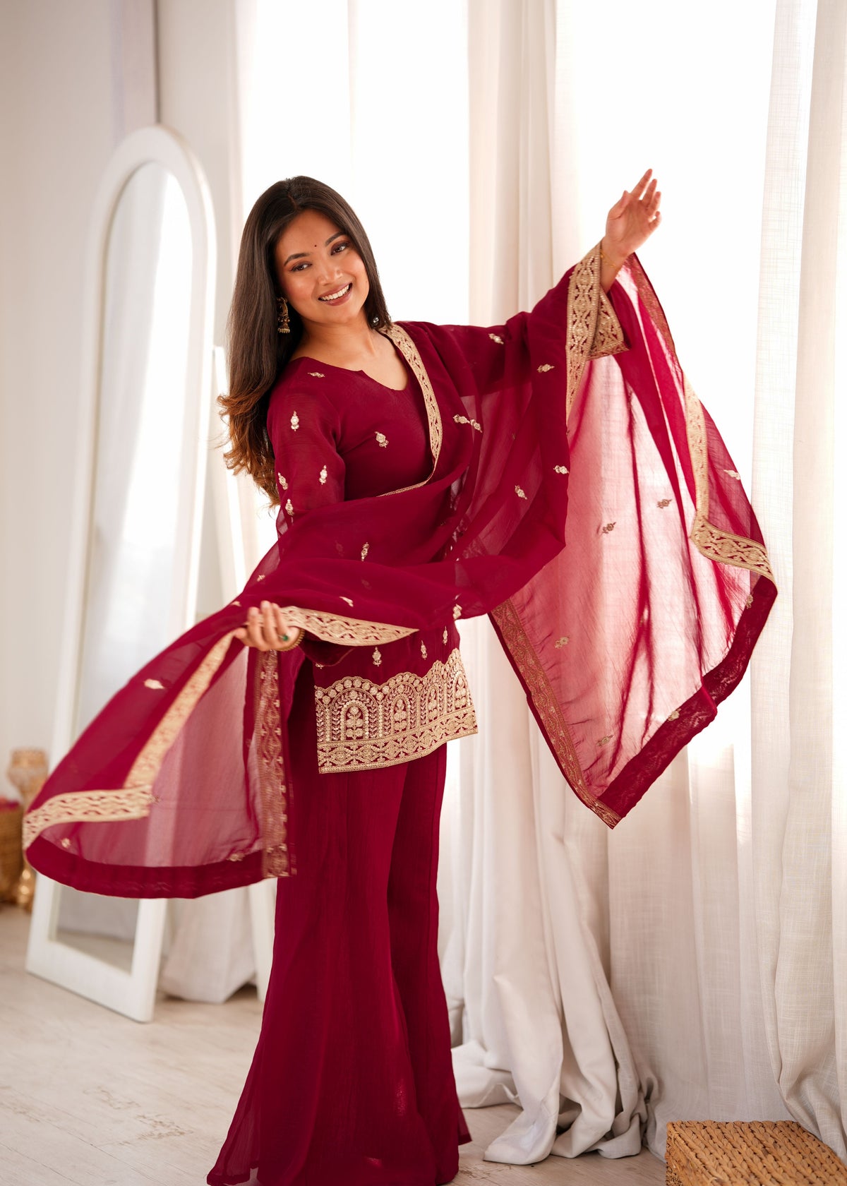 Wine Crunchy Silk Bell Bottom Set