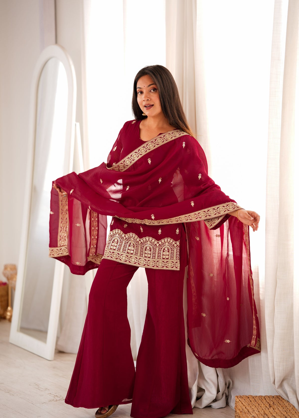 Wine Crunchy Silk Bell Bottom Set