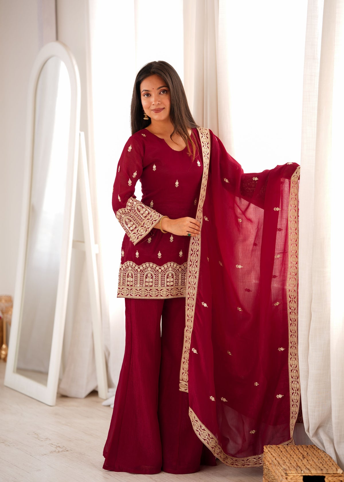 Wine Crunchy Silk Bell Bottom Set