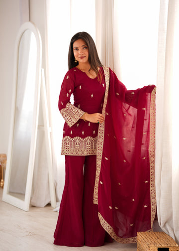 Wine Crunchy Silk Bell Bottom Set