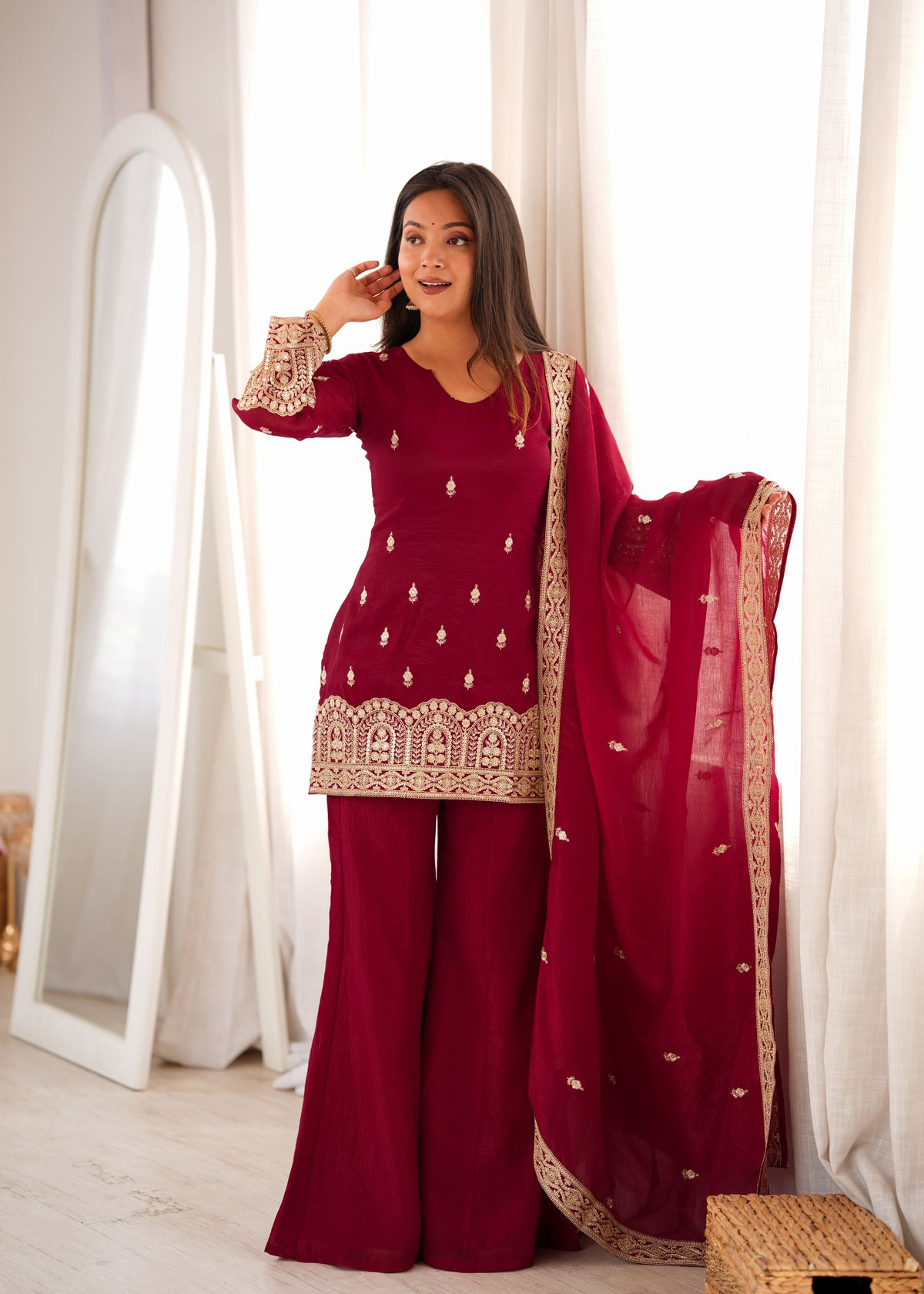 Wine Crunchy Silk Bell Bottom Set