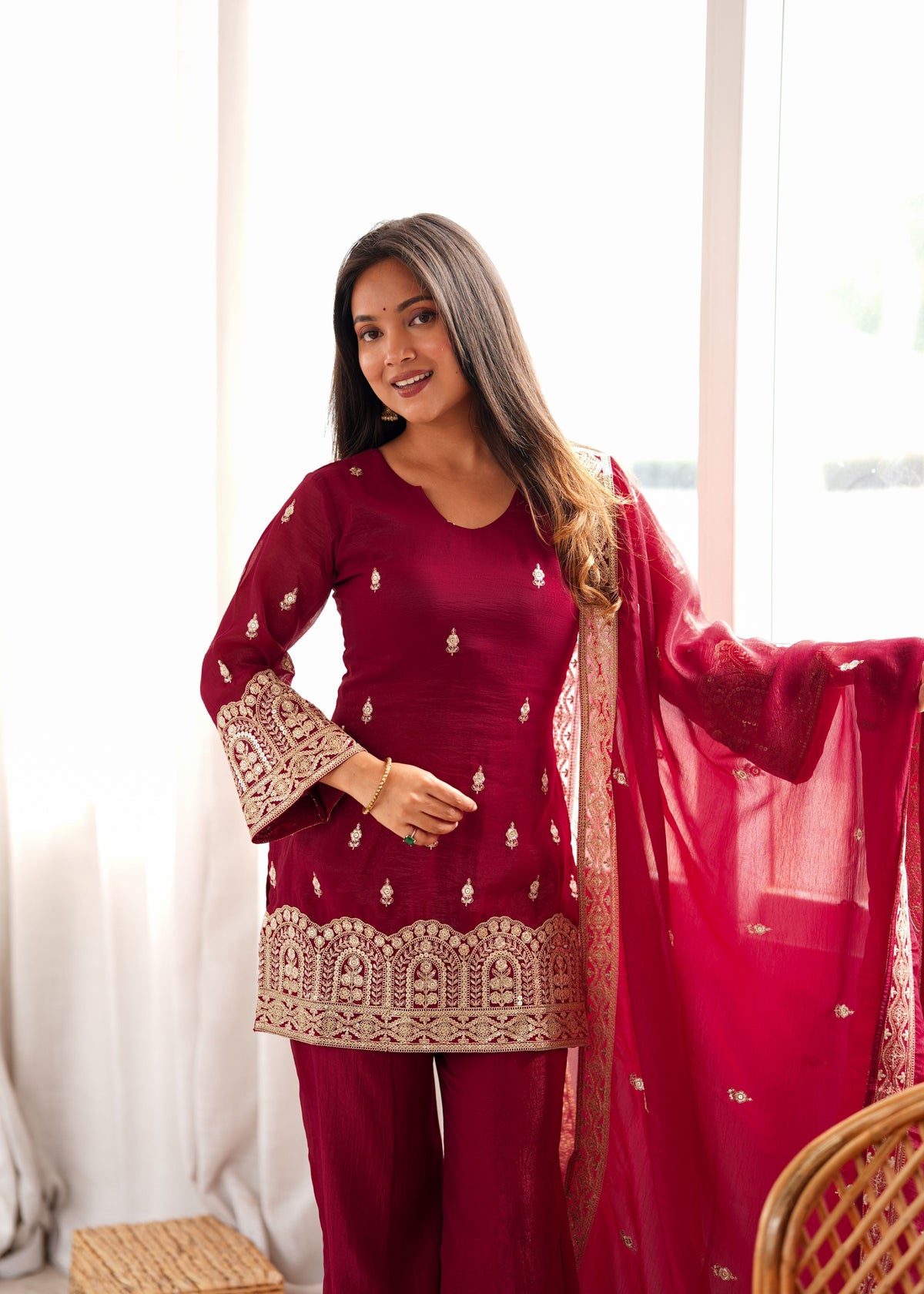 Wine Crunchy Silk Bell Bottom Set