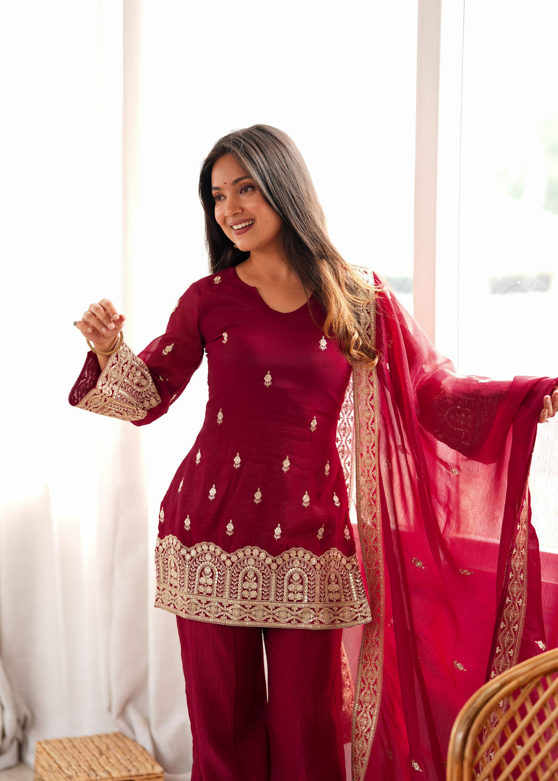 Wine Crunchy Silk Bell Bottom Set
