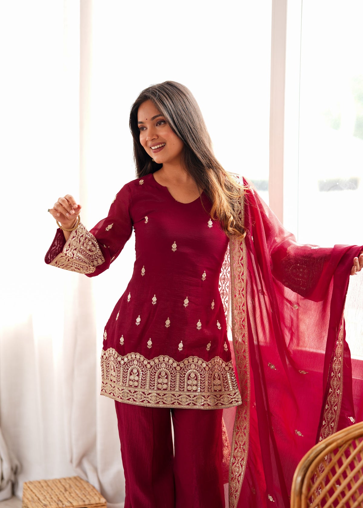 Wine Crunchy Silk Bell Bottom Set