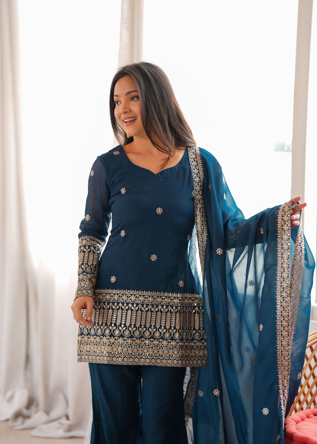 Teal Blue Crunchy Silk Palazzo Set