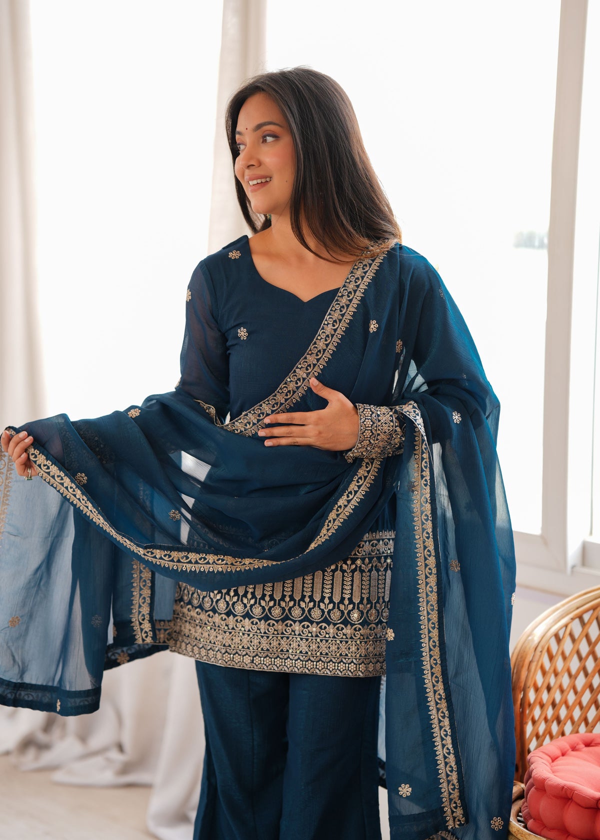 Teal Blue Crunchy Silk Palazzo Set