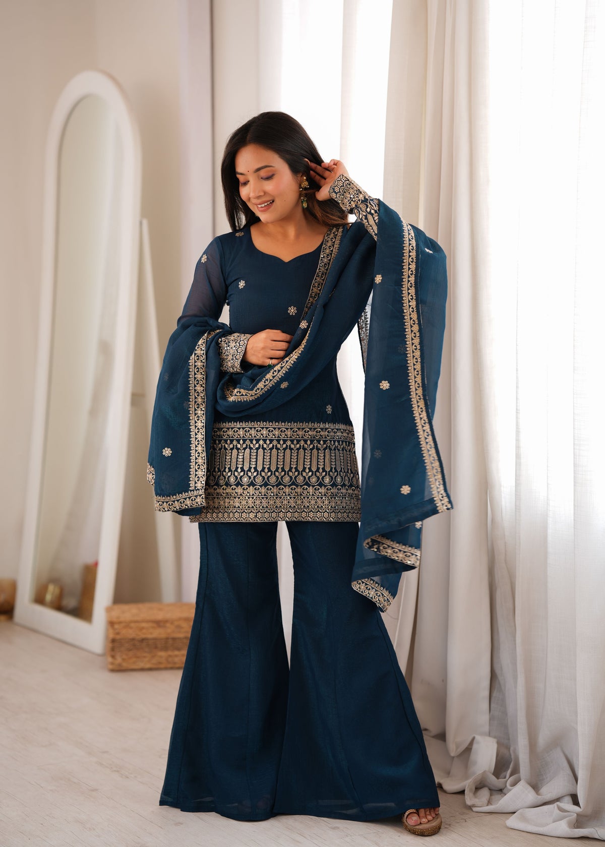 Teal Blue Crunchy Silk Palazzo Set