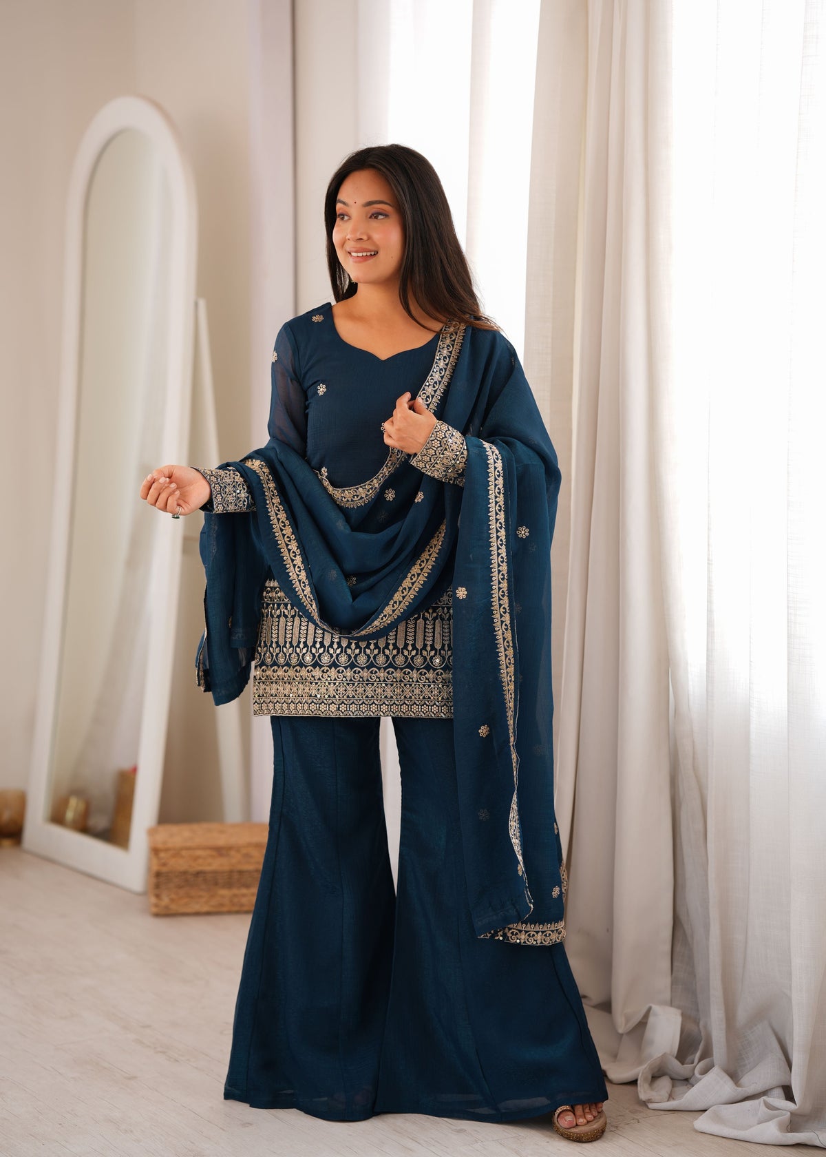 Teal Blue Crunchy Silk Palazzo Set