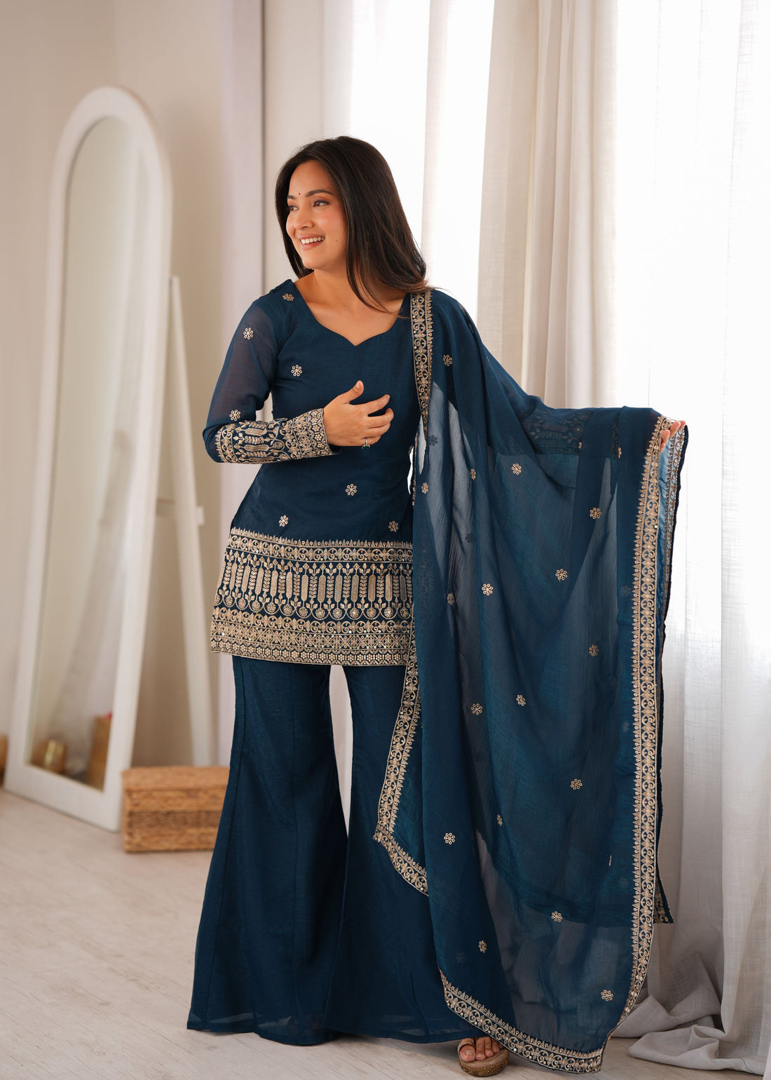 Teal Blue Crunchy Silk Palazzo Set