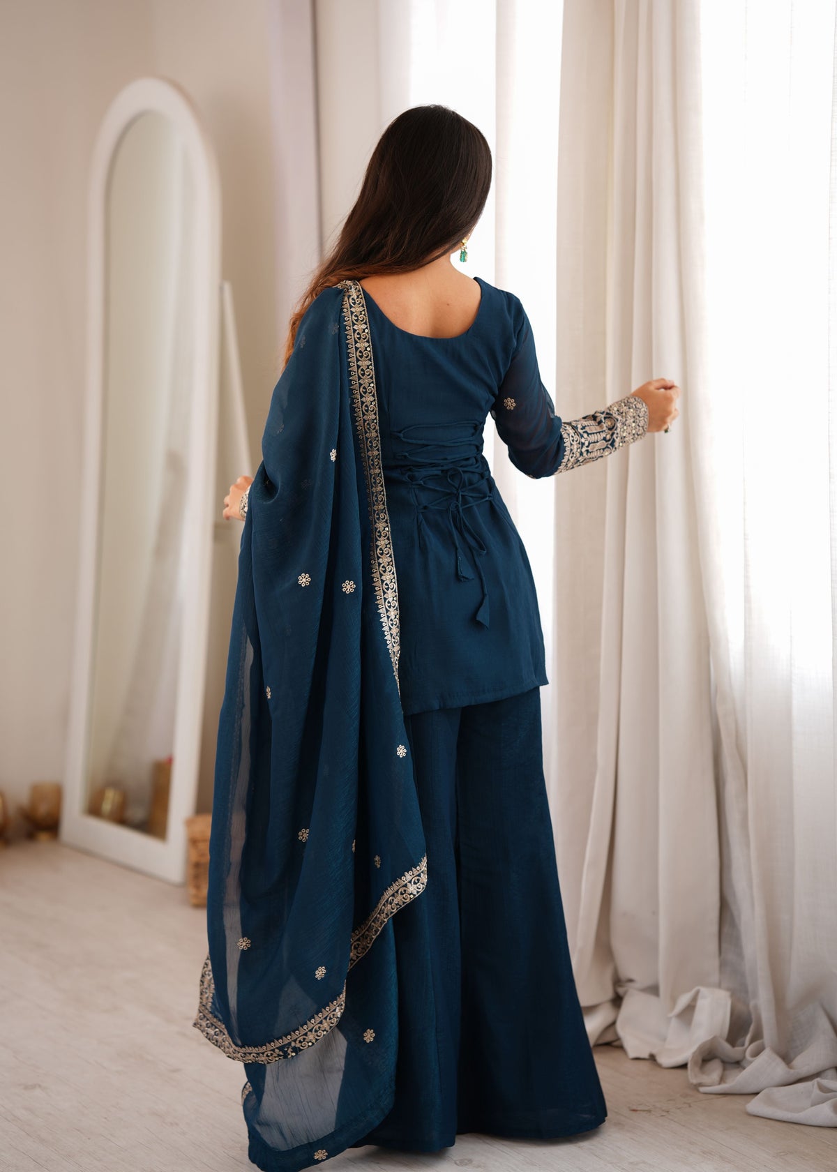 Teal Blue Crunchy Silk Palazzo Set