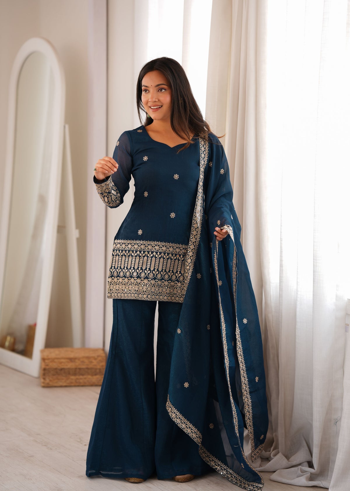 Teal Blue Crunchy Silk Palazzo Set
