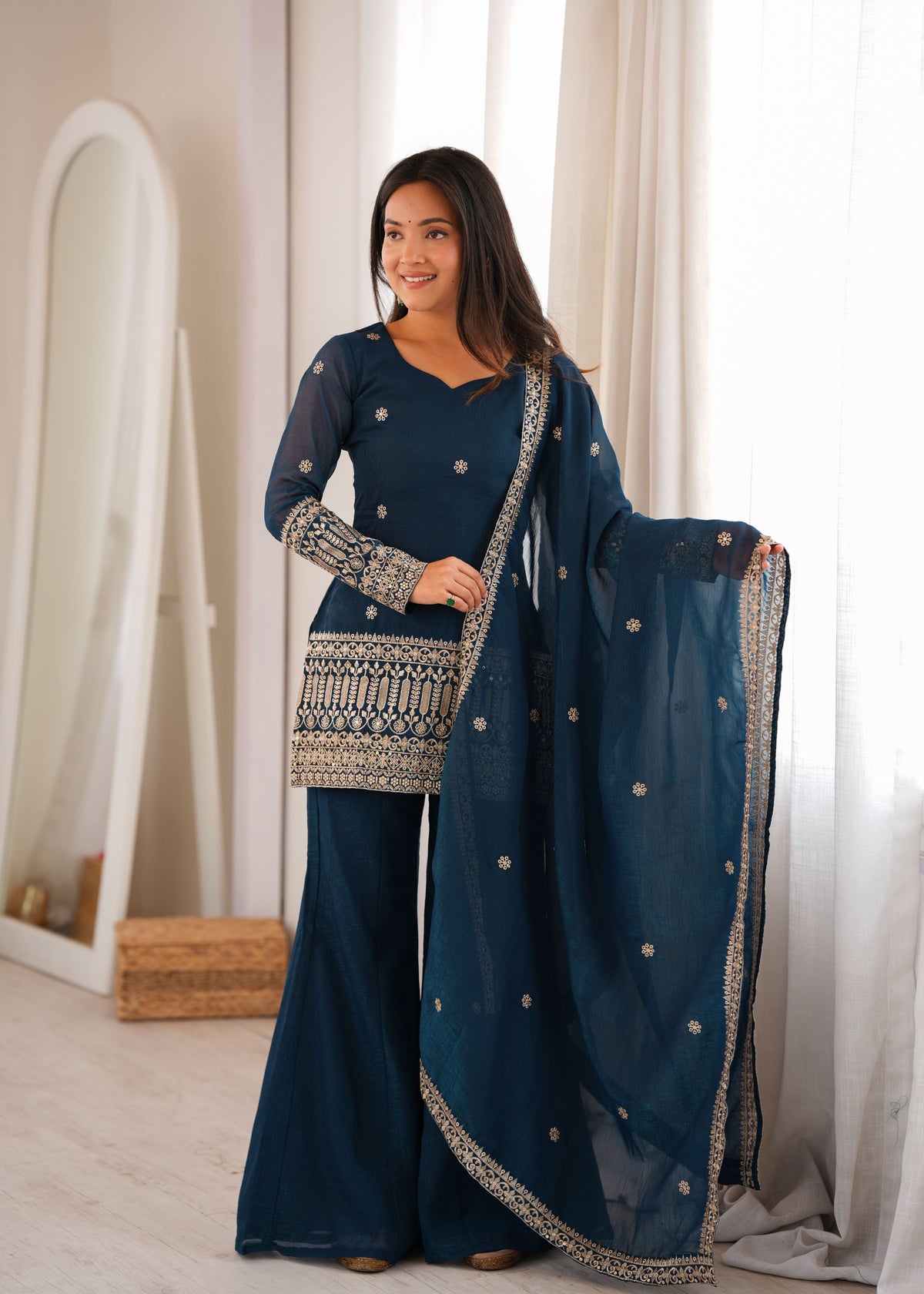 Teal Blue Crunchy Silk Palazzo Set