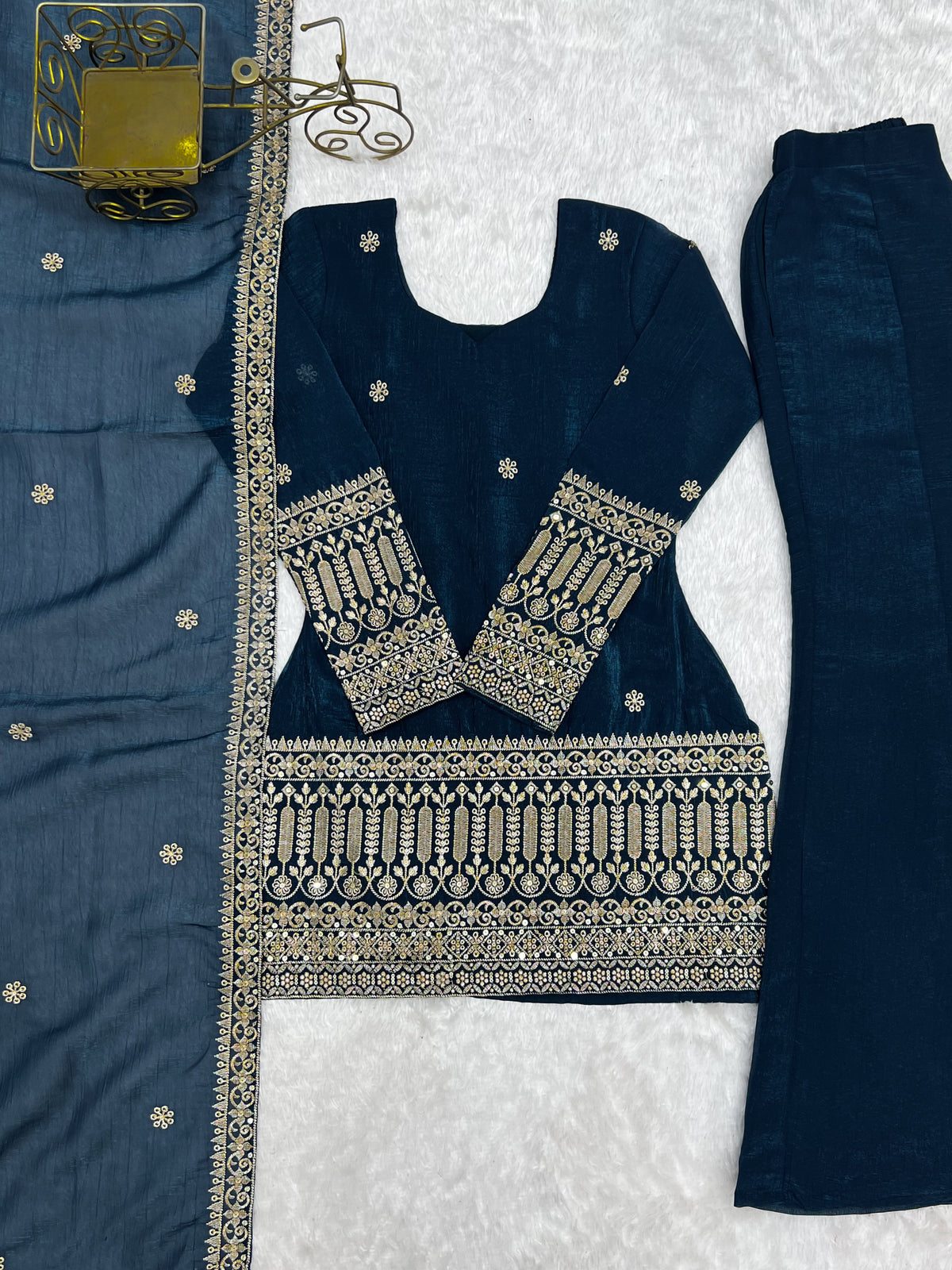 Teal Blue Crunchy Silk Palazzo Set