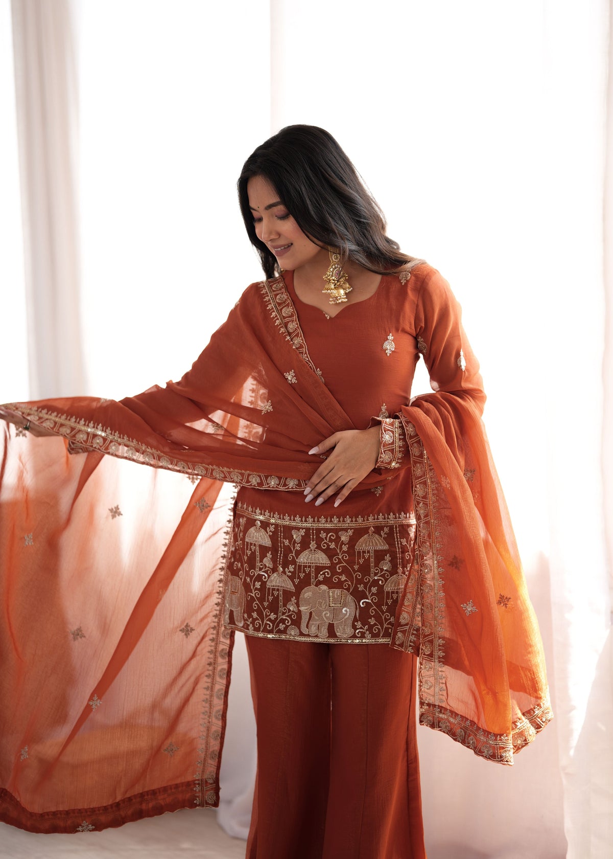 Rust Brown Crunchy Silk Bell Bottom Set